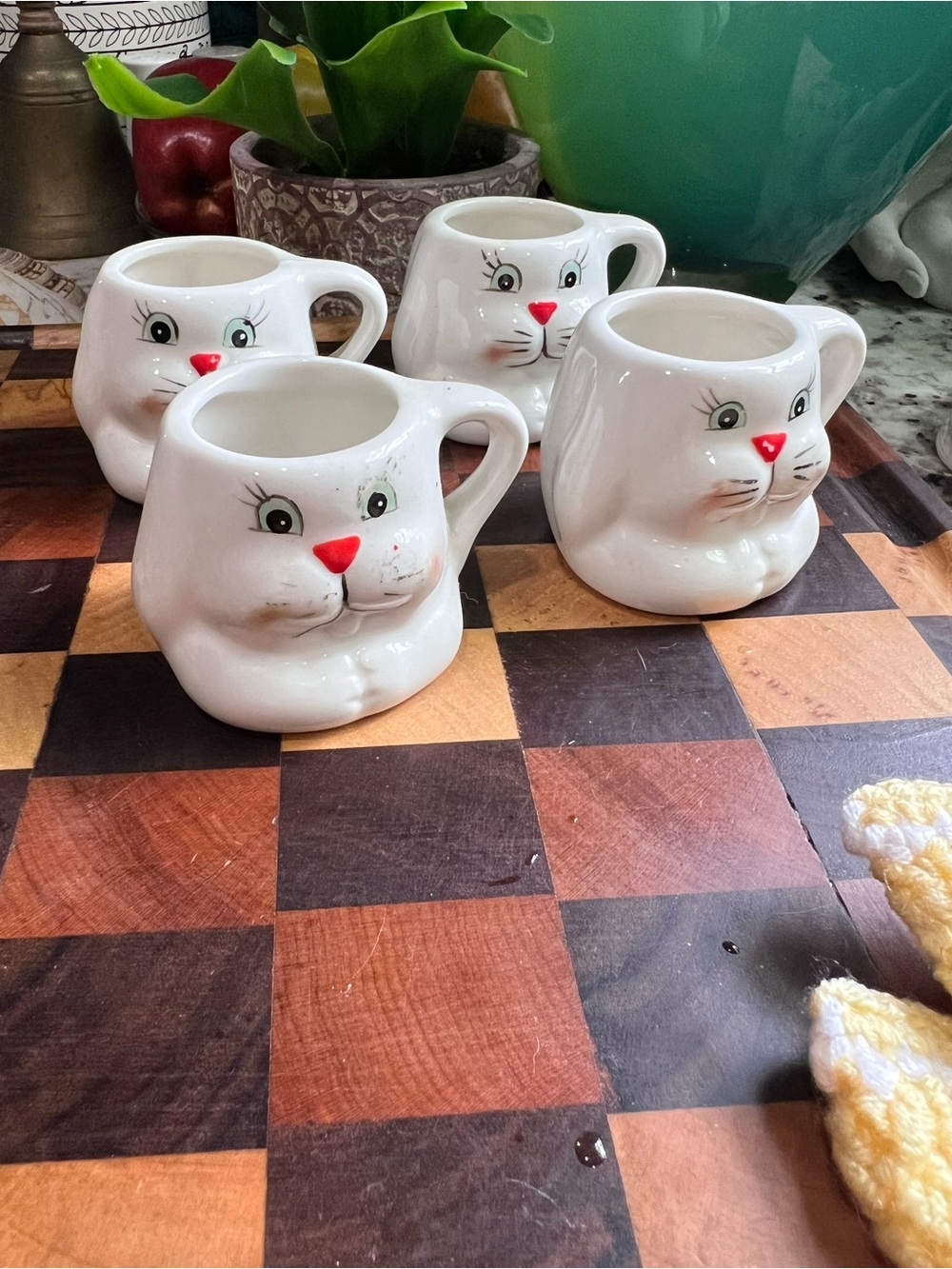 Vintage (4) White Ceramic Bunny Face Mini Mugs with Red Noses